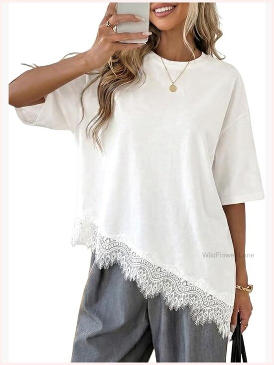 Tops - Crew Neck Half Sleeve T-Shirt Asymmetrical Hem Lace Patchwork Loose Fit Top